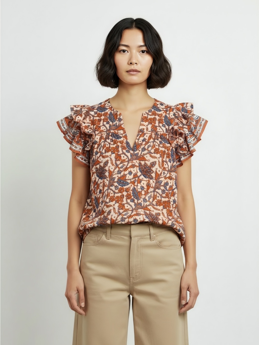 Floral Ruffle Sleeve V-Neck Top - Rust Multi